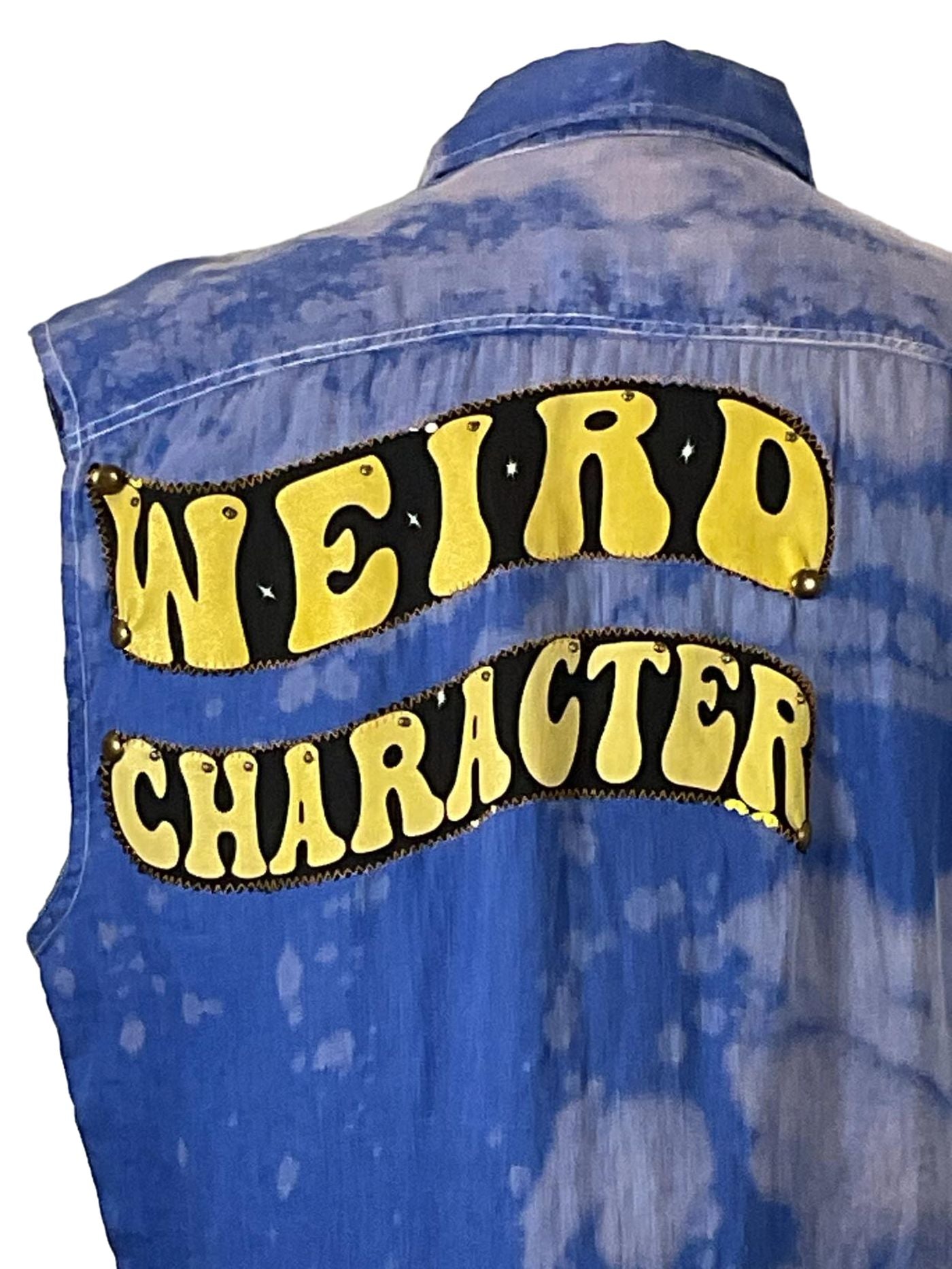 WEIRD CHARACTER Men's Custom Sleeveless Shirt with bold yellow text on a blue, medium-sized linen fabric, embodying DEVIOUS SAINT's unique, artistic style.