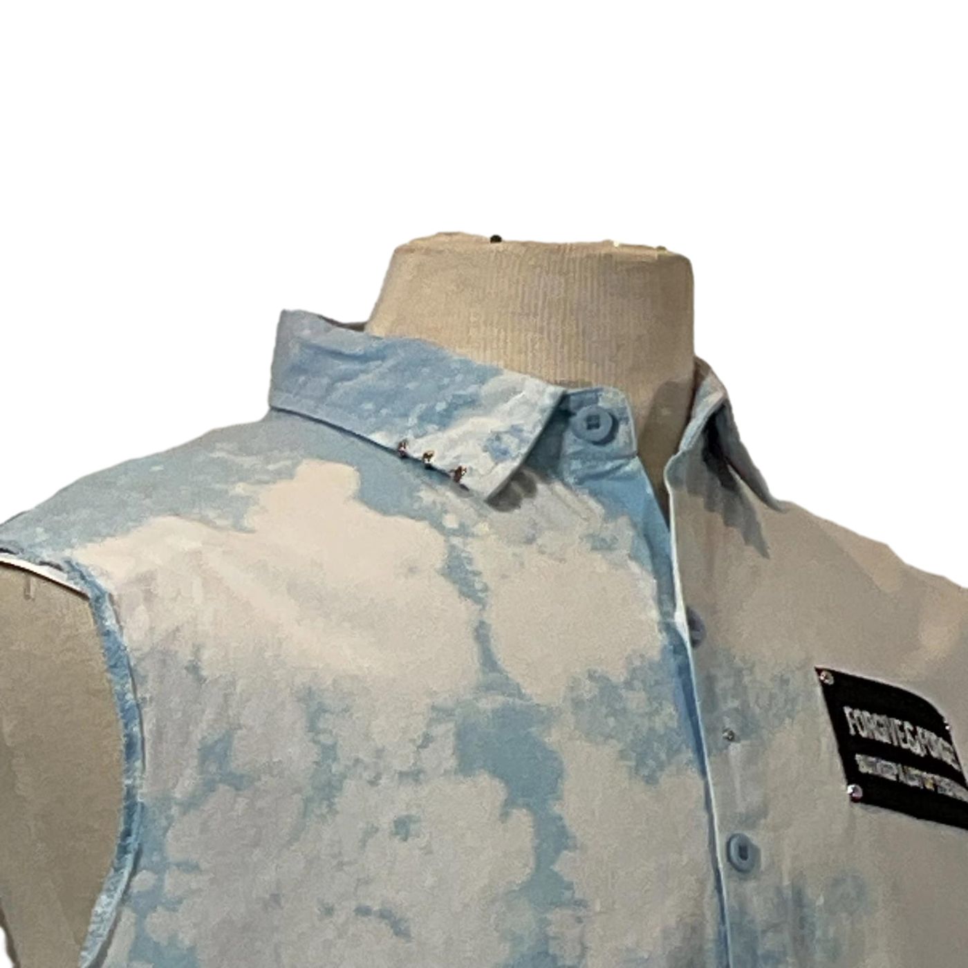 PADRINO SHARK Men's Custom Sleeveless Shirt, close-up featuring intricate button design, showcasing the unique craftsmanship typical of DEVIOUS SAINT's bold, one-of-a-kind wearable art.