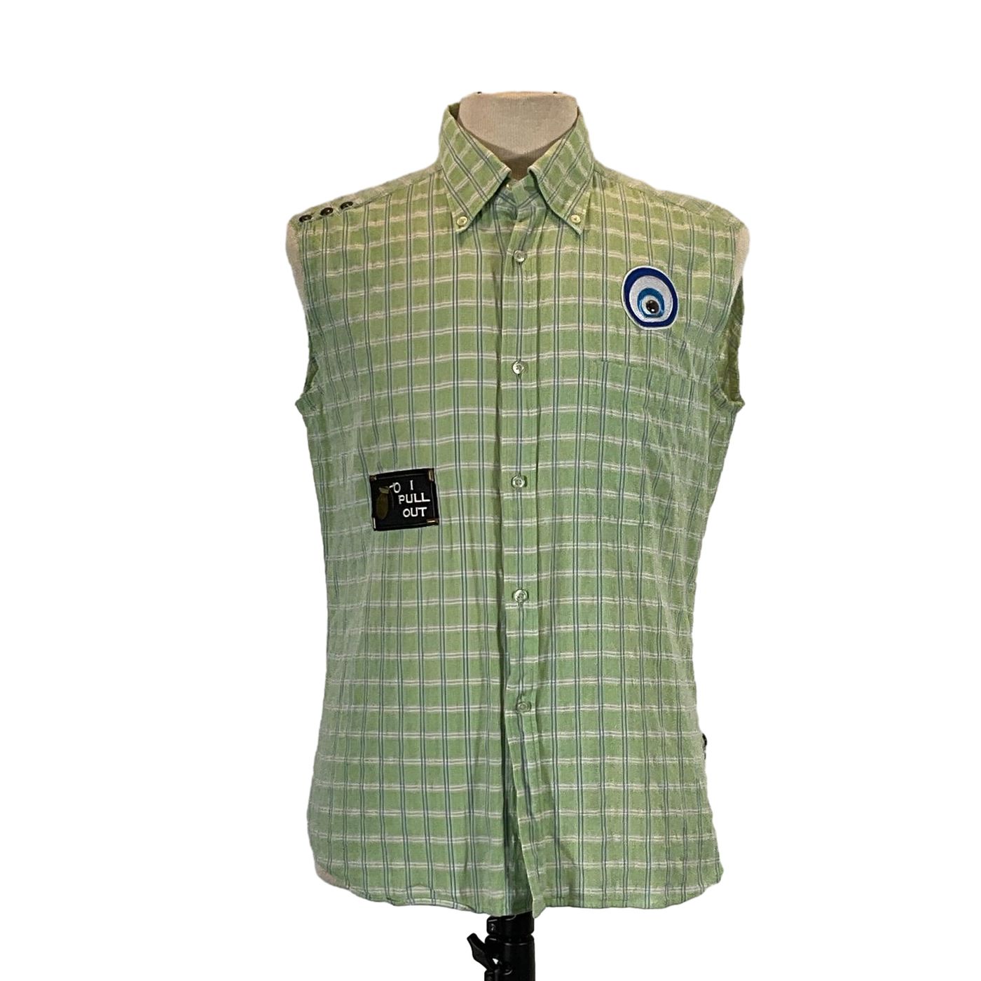 TYPEWRITER Men's Custom Sleeveless Shirt in green and white plaid, featuring a unique patch, medium size, crafted from pre-owned cotton by DEVIOUS SAINT.