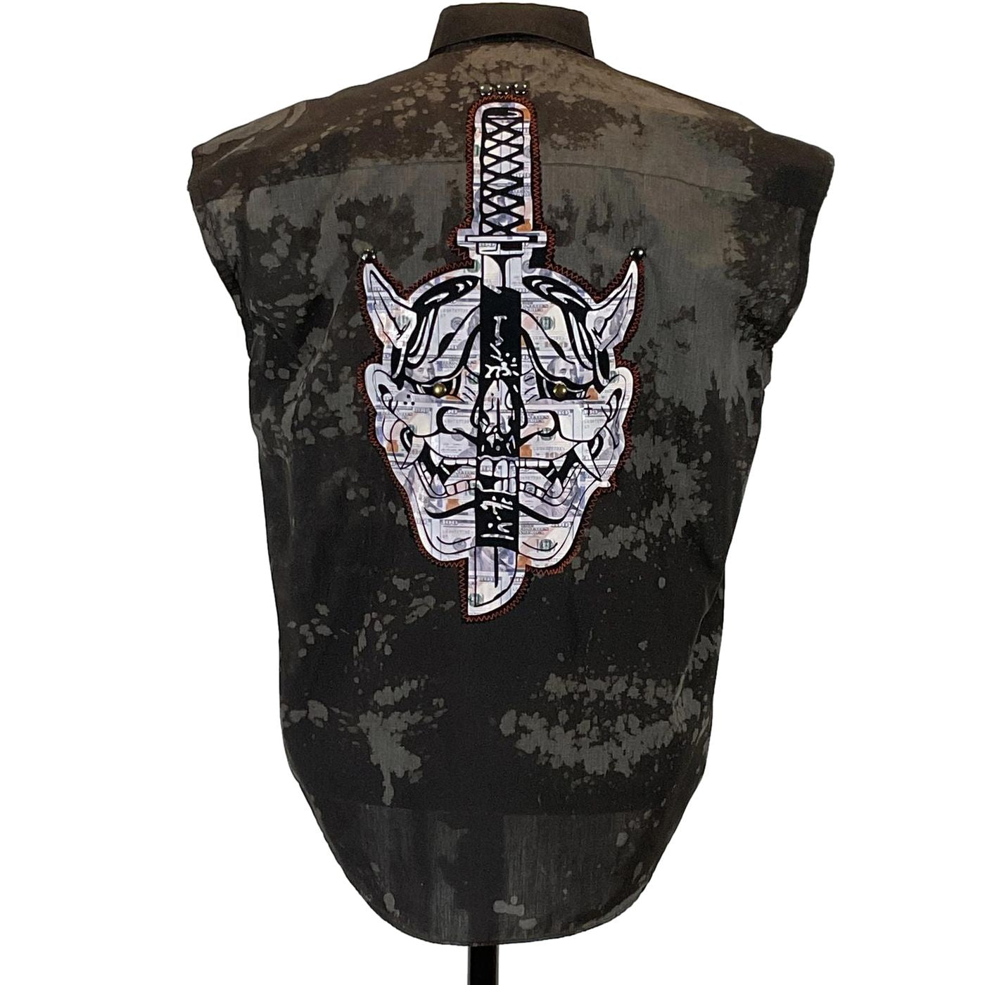 YAKUZA Men's Custom Sleeveless Shirt featuring a mask and sword design on the back, embodying bold, unique wearable art. Size Large.