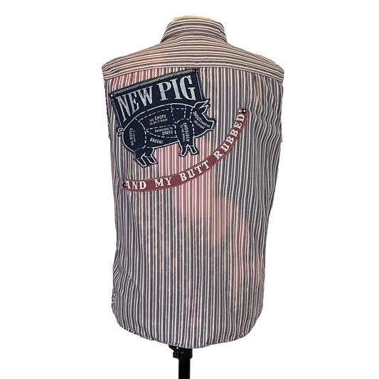 NEW PIG Mens Custom Sleeveless Shirt displayed on a mannequin, showcasing its unique design as wearable art from pre-owned cotton garments by DEVIOUS SAINT.