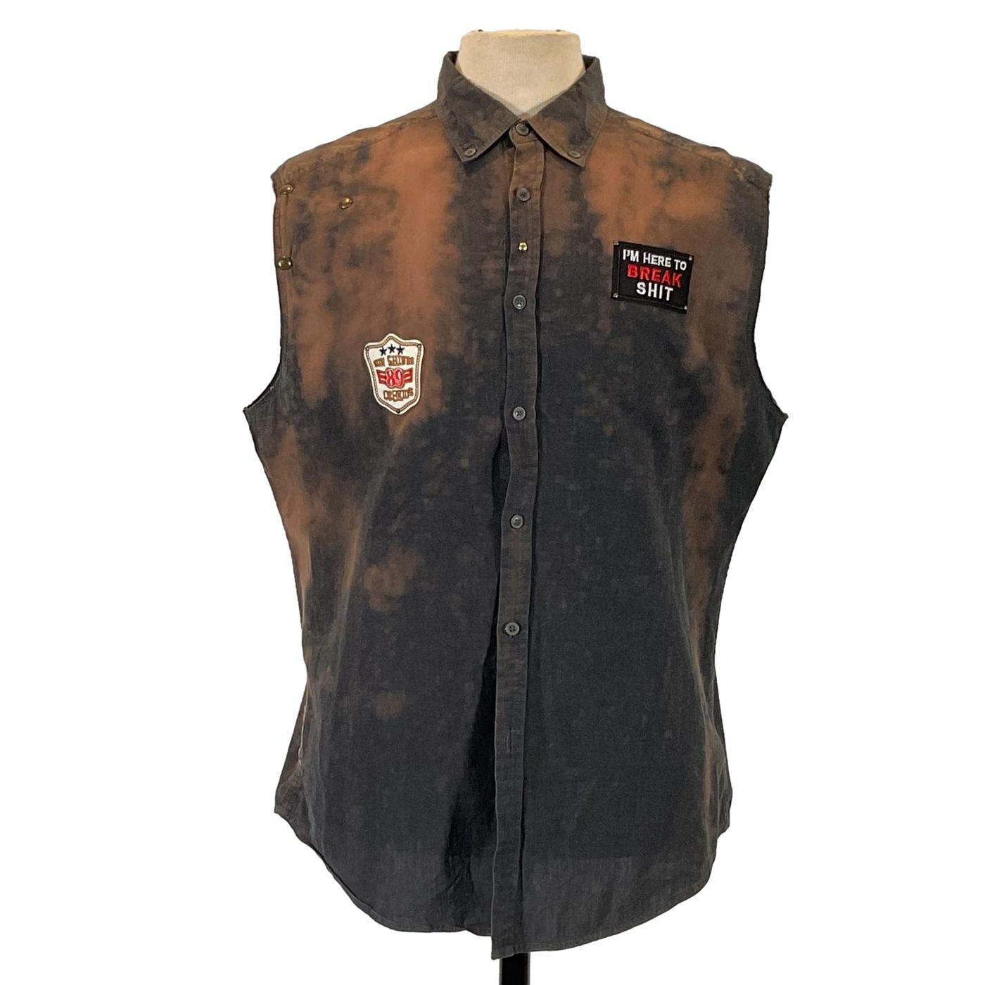SMILE BRO Men's Custom Sleeveless Shirt featuring patches, emphasizing a bold, unique design, perfect for those seeking distinctive wearable art.