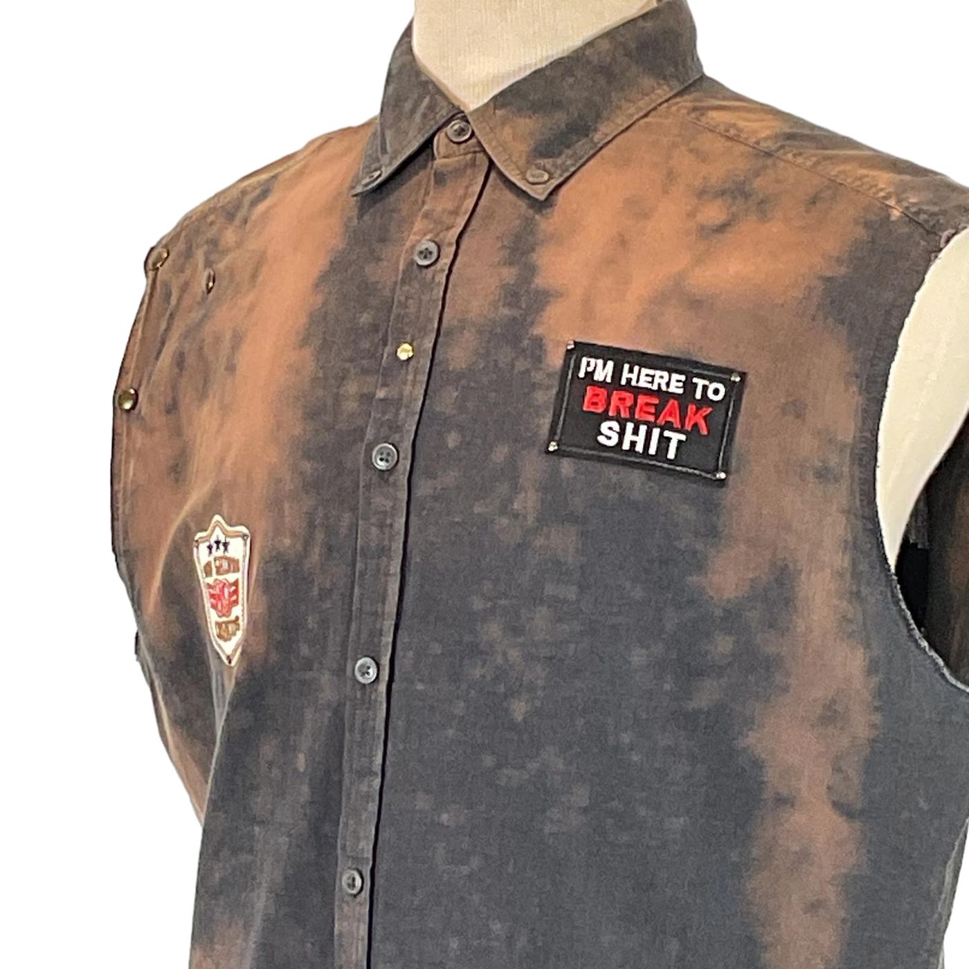 SMILE BRO Men's Custom Sleeveless Shirt, featuring a close-up of its detailed collar and button, exemplifying bold, unique design.