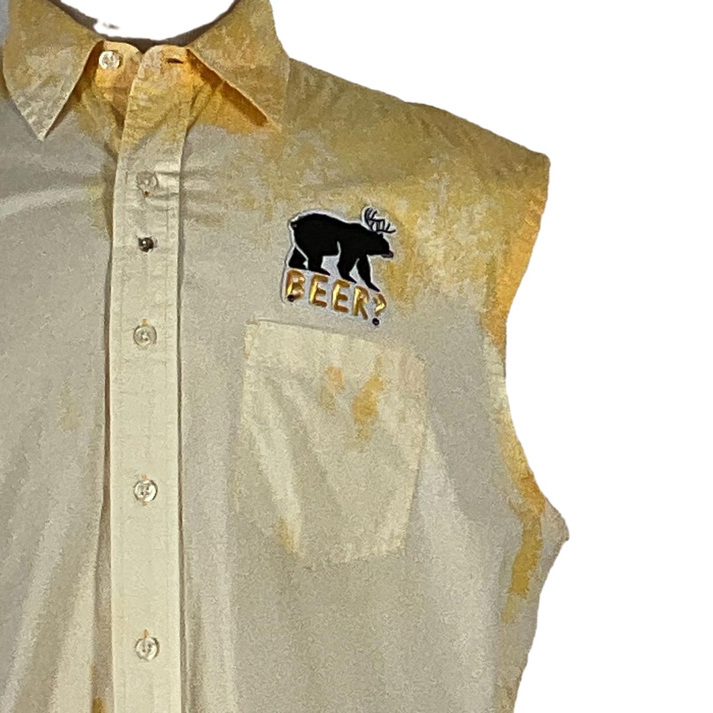 PALM SPRINGS Men's Custom Sleeveless Shirt featuring a unique bear patch with antlers, emphasizing bold and distinctive wearable art from DEVIOUS SAINT.
