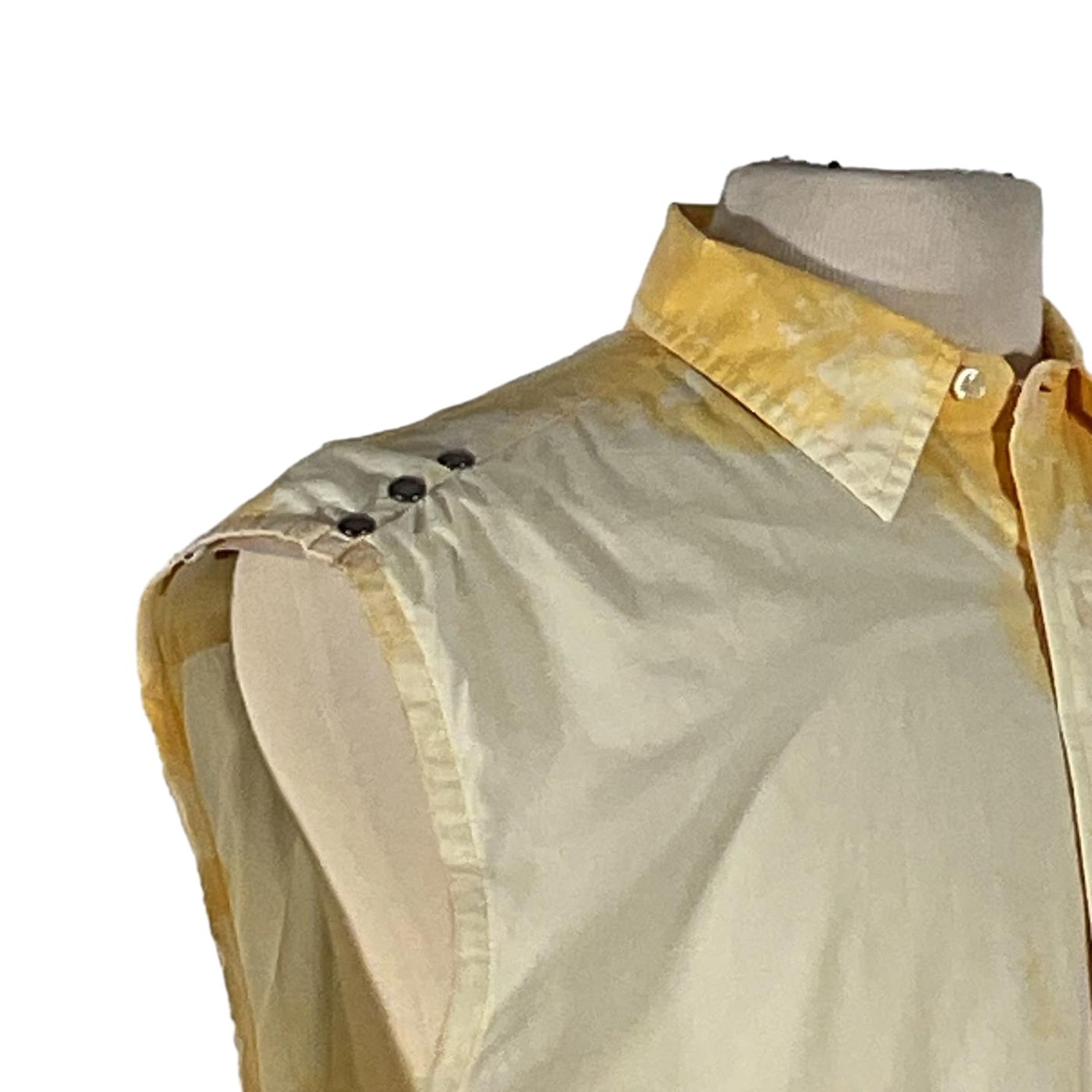 PALM SPRINGS Men's Custom Sleeveless Shirt displayed on a mannequin, featuring a unique yellow design with a white collar, emphasizing bold, distinctive style.