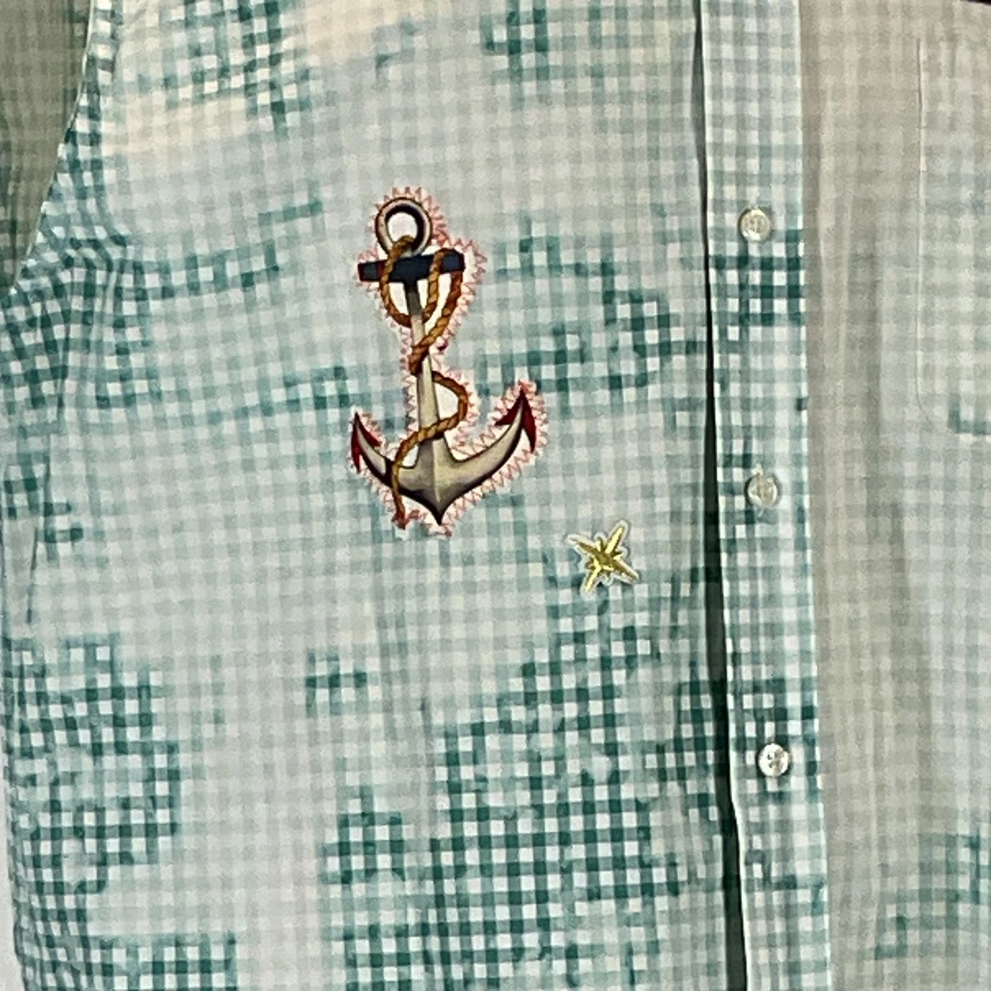 PAW Men's Custom Sleeveless Shirt featuring intricate embroidery and a green and white plaid pattern, highlighting bold, distinctive craftsmanship from pre-owned cotton fabric.