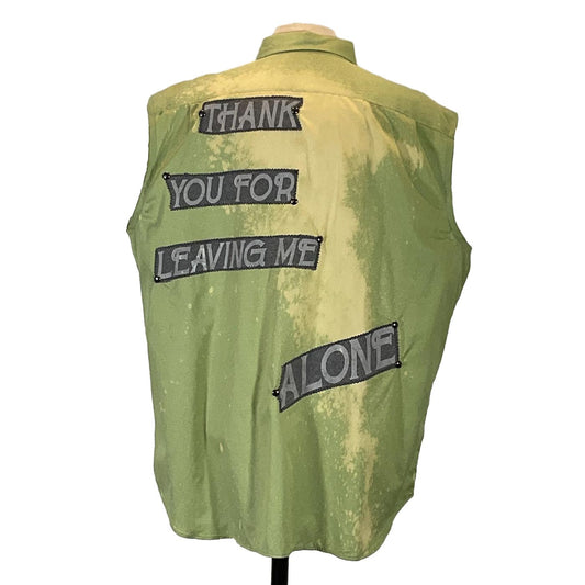 Men's custom sleeveless shirt, green with bold lettering, embodying unique, artistic style. THANK YOU FOR LEAVING ME... design, available in XX-Large, from DEVIOUS SAINT.