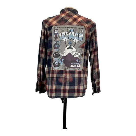THE ICEMAN Men's Custom Long-Sleeve Flannel Shirt features a plaid pattern and cartoon graphic, showcasing unique wearable art from DEVIOUS SAINT.