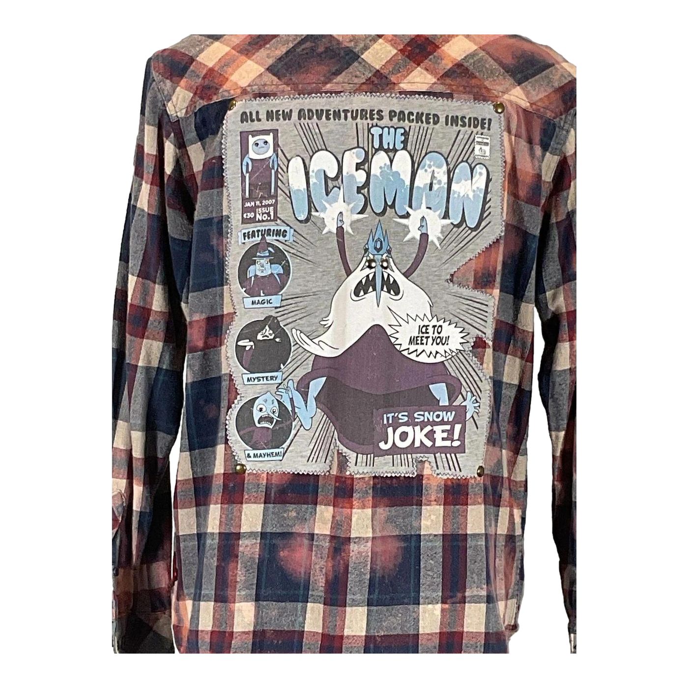 THE ICEMAN Men's Custom Long-Sleeve Flannel Shirt with plaid pattern and cartoon graphic, embodying DEVIOUS SAINT's unique, bold style in wearable art.