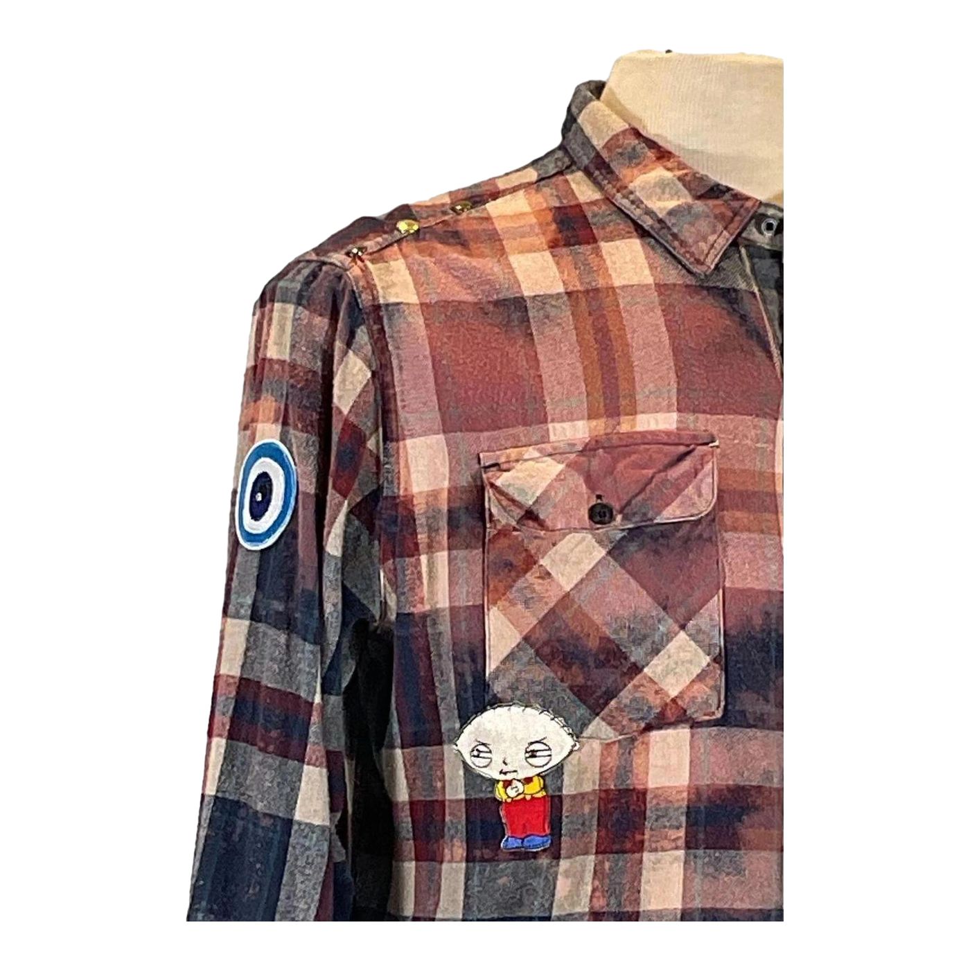 THE ICEMAN Men's Custom Long-Sleeve Flannel Shirt featuring a plaid pattern with a cartoon on the pocket, highlighting unique, wearable art from pre-owned cotton garments.