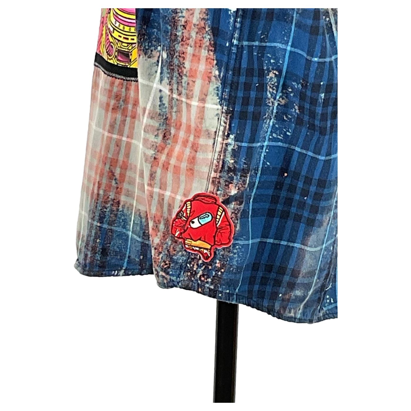 NASA Men's Custom Long-Sleeve Flannel Shirt featuring a blue plaid pattern with a cartoon character, designed for bold, distinctive style. Size XXX-Large.