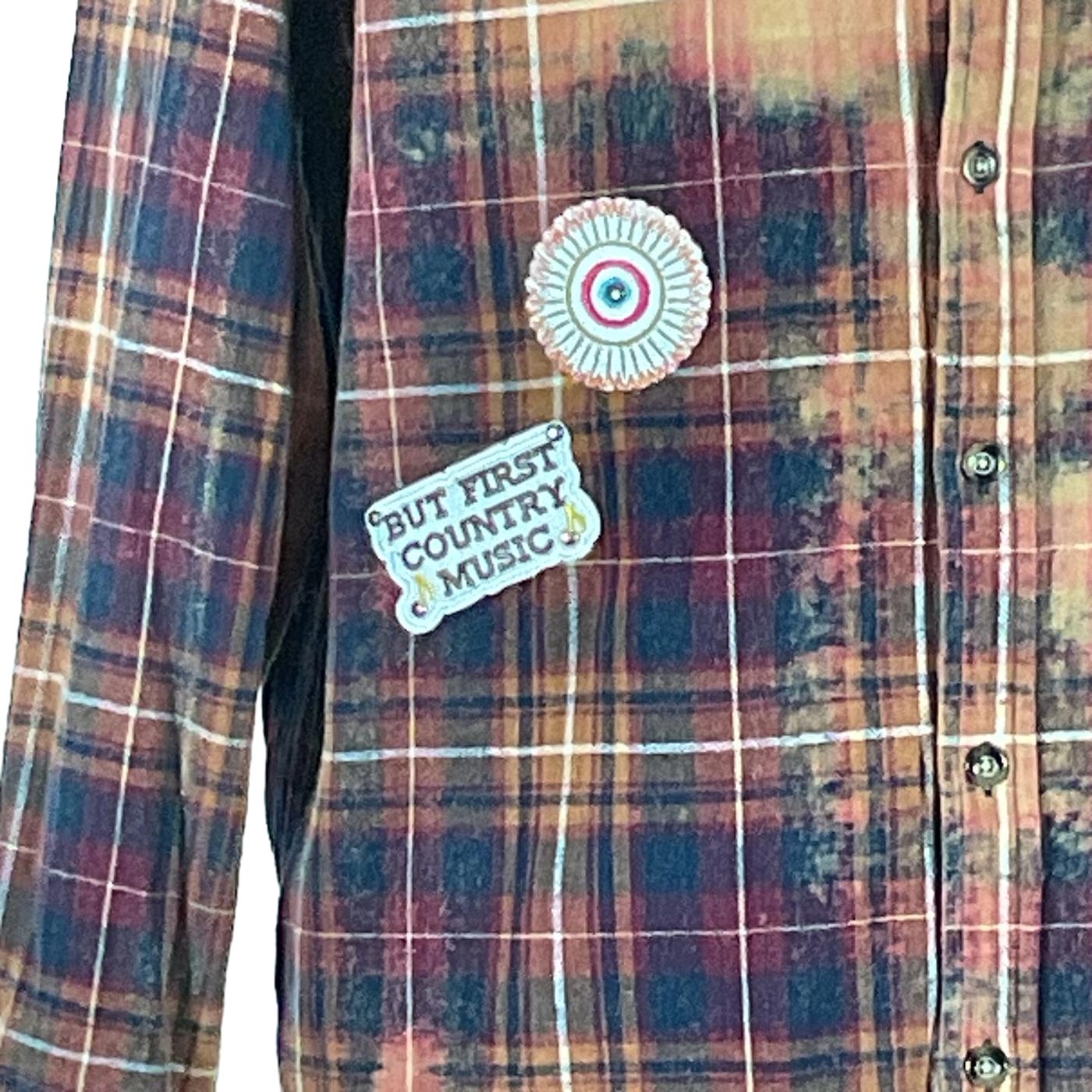CASSETTE Men's Custom Long-Sleeve Flannel Shirt featuring a unique patch design, embodying DEVIOUS SAINT's bold and distinctive style. Size: Extra Large.