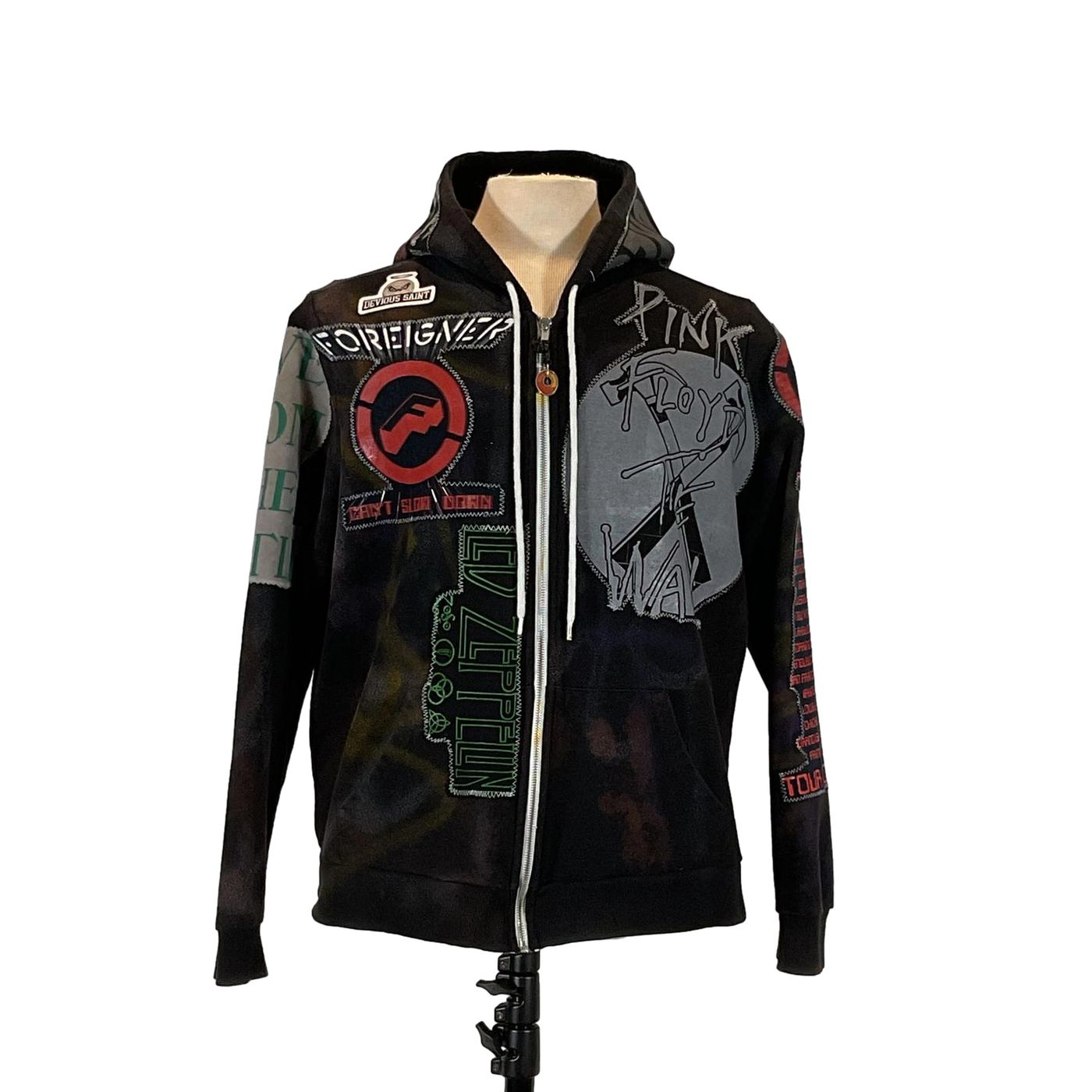 BLACK SABBATH Custom Men's Hoodie featuring distinctive patches, medium size, showcasing unique wearable art, part of DEVIOUS SAINT's collection of personalized cotton garments.