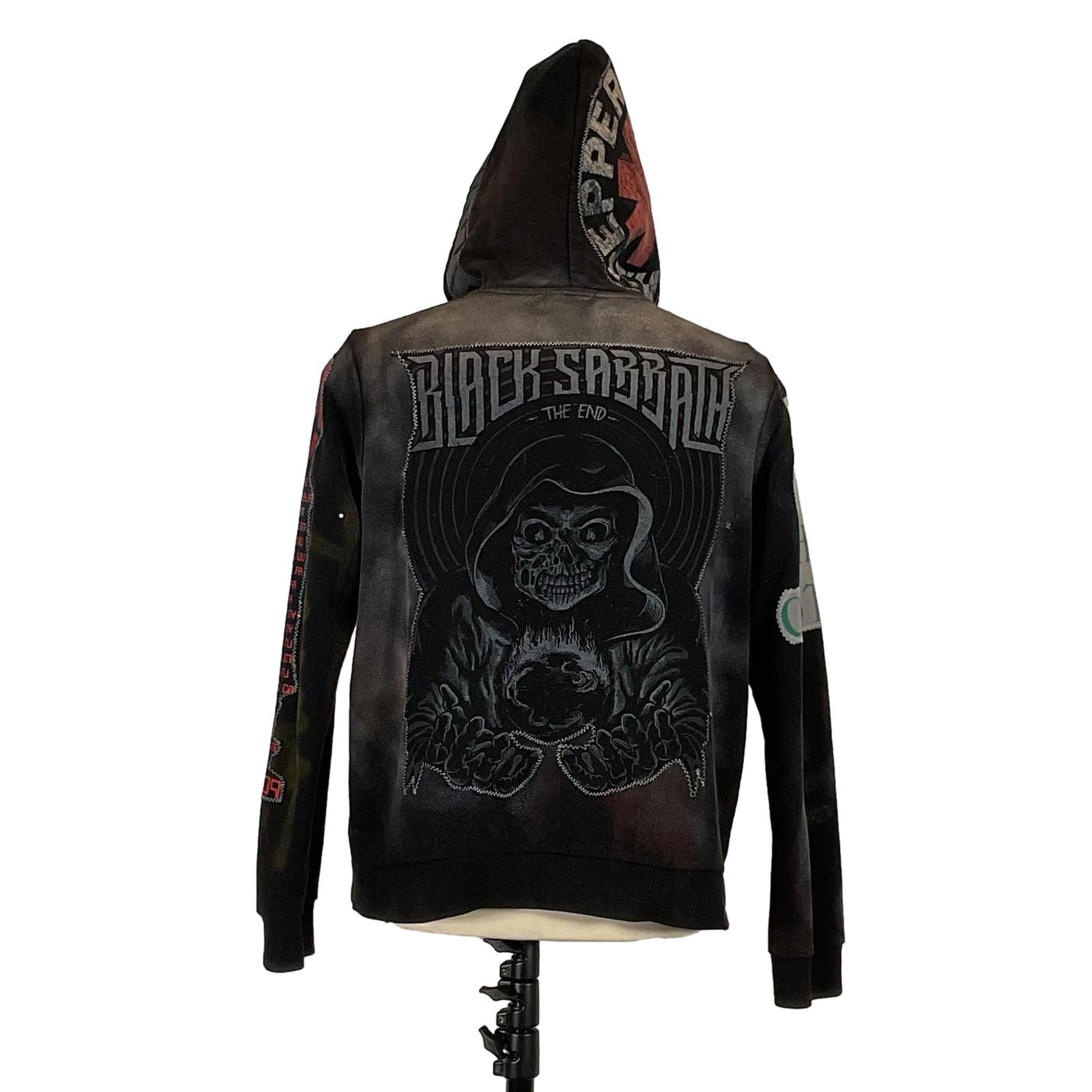 BLACK SABBATH Custom Men's Hoodie featuring a skull design, medium size, crafted with a unique black patch for distinctive wearable art from pre-owned garments.