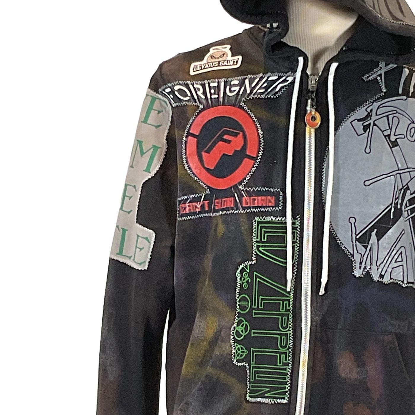 BLACK SABBATH Custom Men's Hoodie featuring various patches, medium size, showcasing unique wearable art on a repurposed cotton jacket from DEVIOUS SAINT.