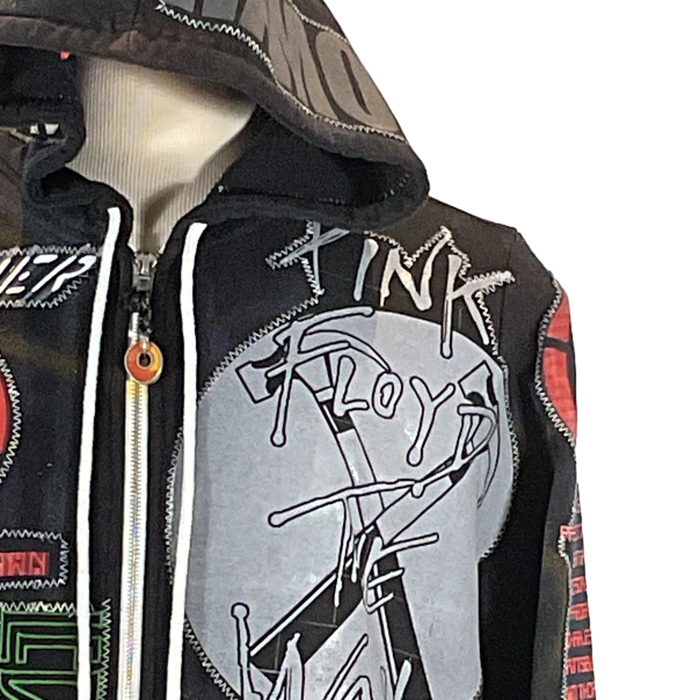 BLACK SABBATH Custom Men's Hoodie with a hood and a white logo, featuring a black patch design. Medium size, detailed with a zipper for closure.