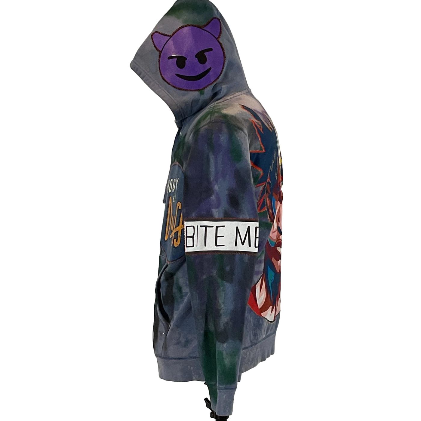 BOY ANIME Custom Men's Hoodie featuring a cartoon face design, worn by a person; embodies DEVIOUS SAINT's bold, unique wearable art style.