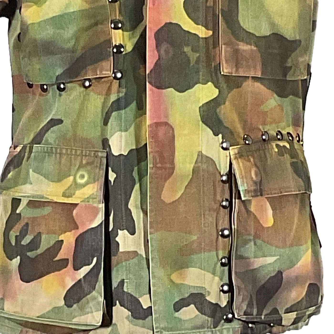 BUITRES Men's Custom Jacket by Devious Saint, featuring a camouflage pattern with buttons and rivets, embellished with rhinestones.