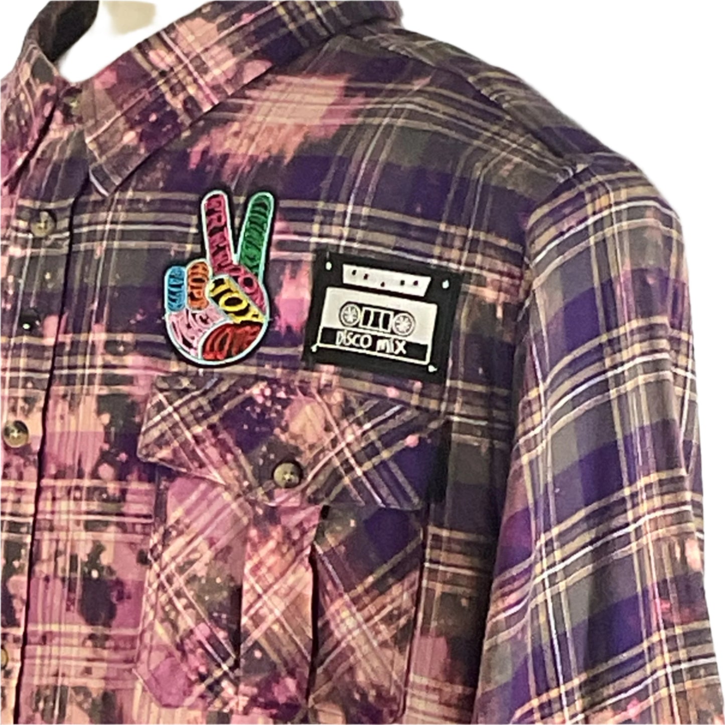 PINK FLOYD | Men's Custom Long-Sleeve Flannel Shirt | 4XL features a purple tartan pattern with a peace sign patch, embodying bold, rock-inspired style.