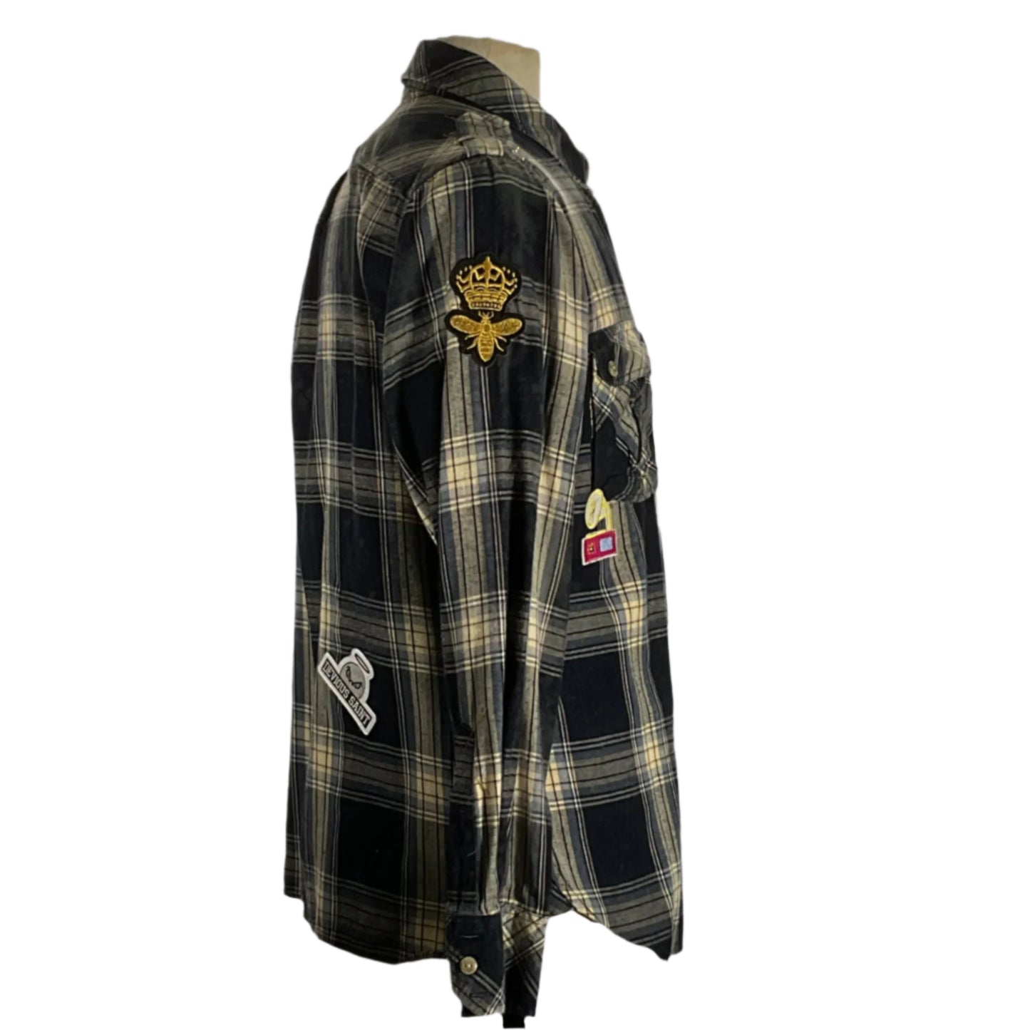 BUFF Men's Custom Long-Sleeve Flannel Shirt in black and yellow plaid, medium size, featuring unique patches, embodying rugged yet refined style by DEVIOUS SAINT.