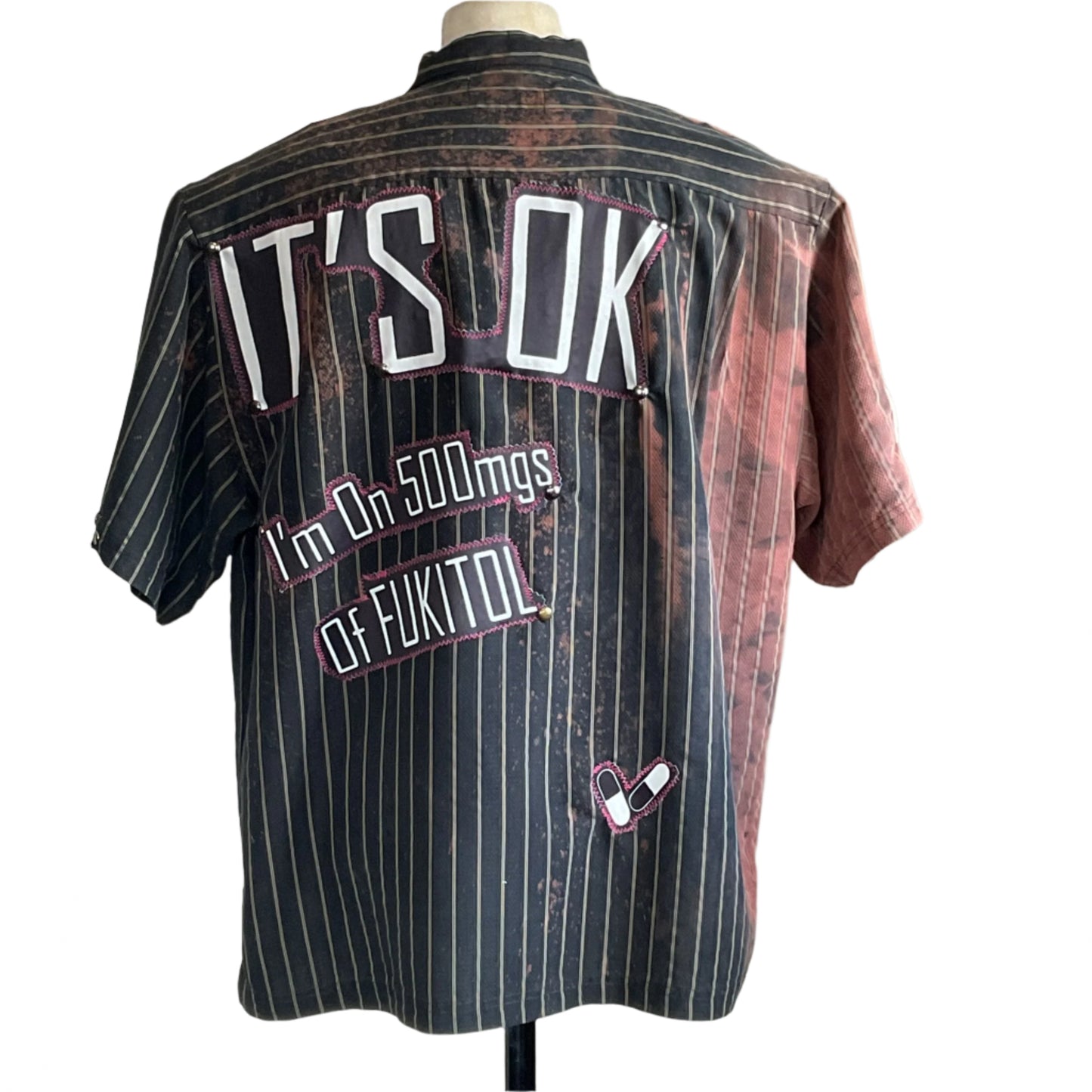 FUKITOL | Men's Custom BEAR SIZE Short Sleeve Shirt | 4 XL; black pin-striped and washed-out red panels, bold patches with humorous text, oversized fit.