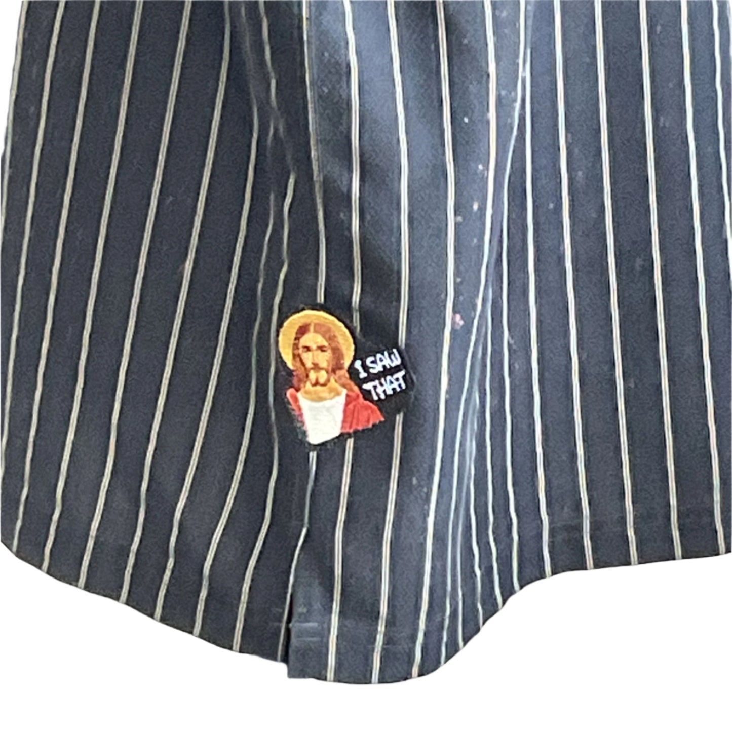 FUKITOL | Men's Custom BEAR SIZE Short Sleeve Shirt 4XL, featuring a I SAW THAT Jesus patch on a dark pinstripe fabric.