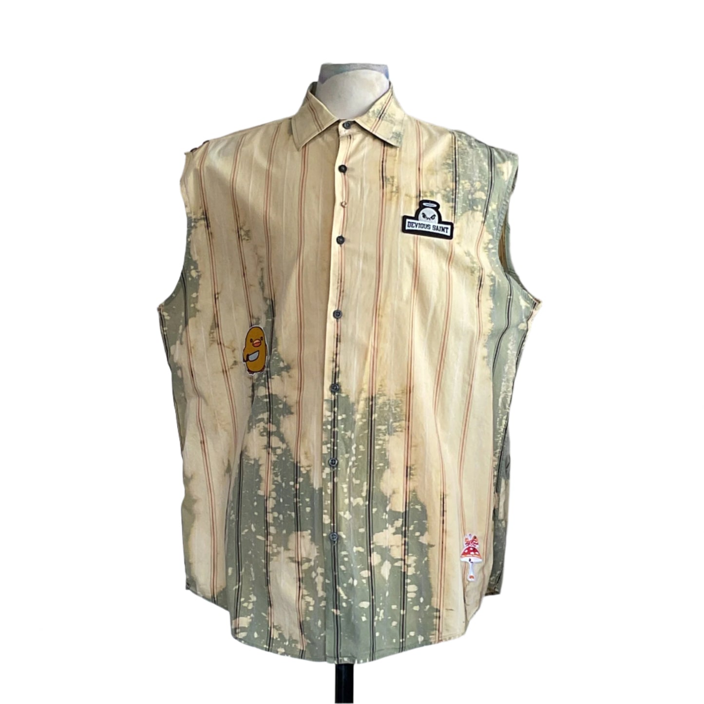 PAPA BEAR | Men's Custom BEAR SIZE Sleeveless Shirt | EXTRA LARGE, featuring raw-edge armholes, tie-dye stripes, and three patches, on dress form.