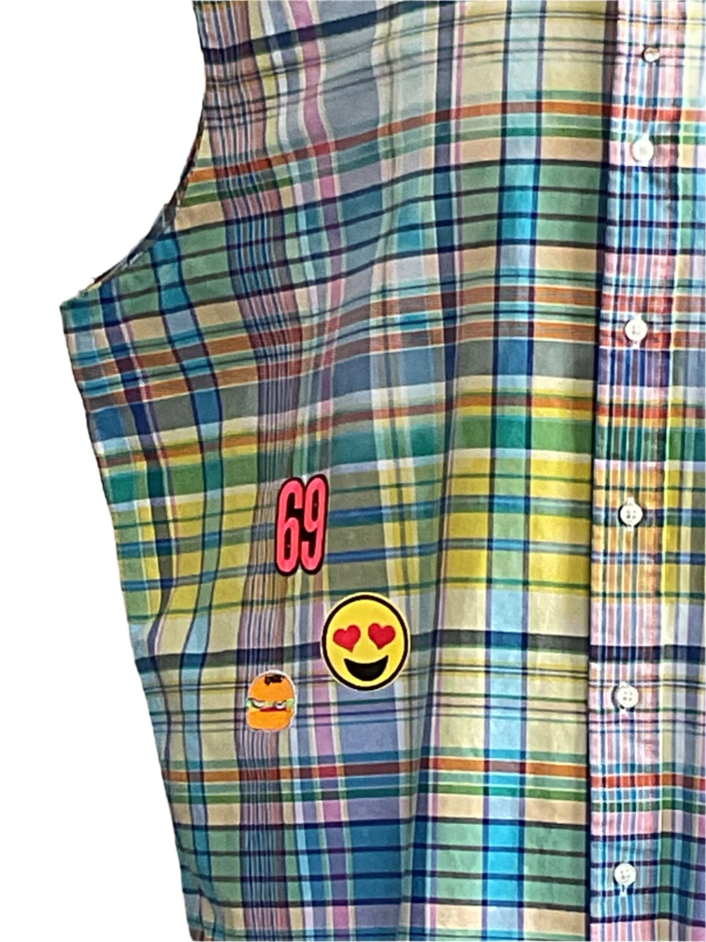 WITNESSING | Men's Custom BEAR SIZE Sleeveless Shirt | 3XL features multicolored plaid fabric with graphic overlays of 69, heart-eyed smiley, and cheeseburger.