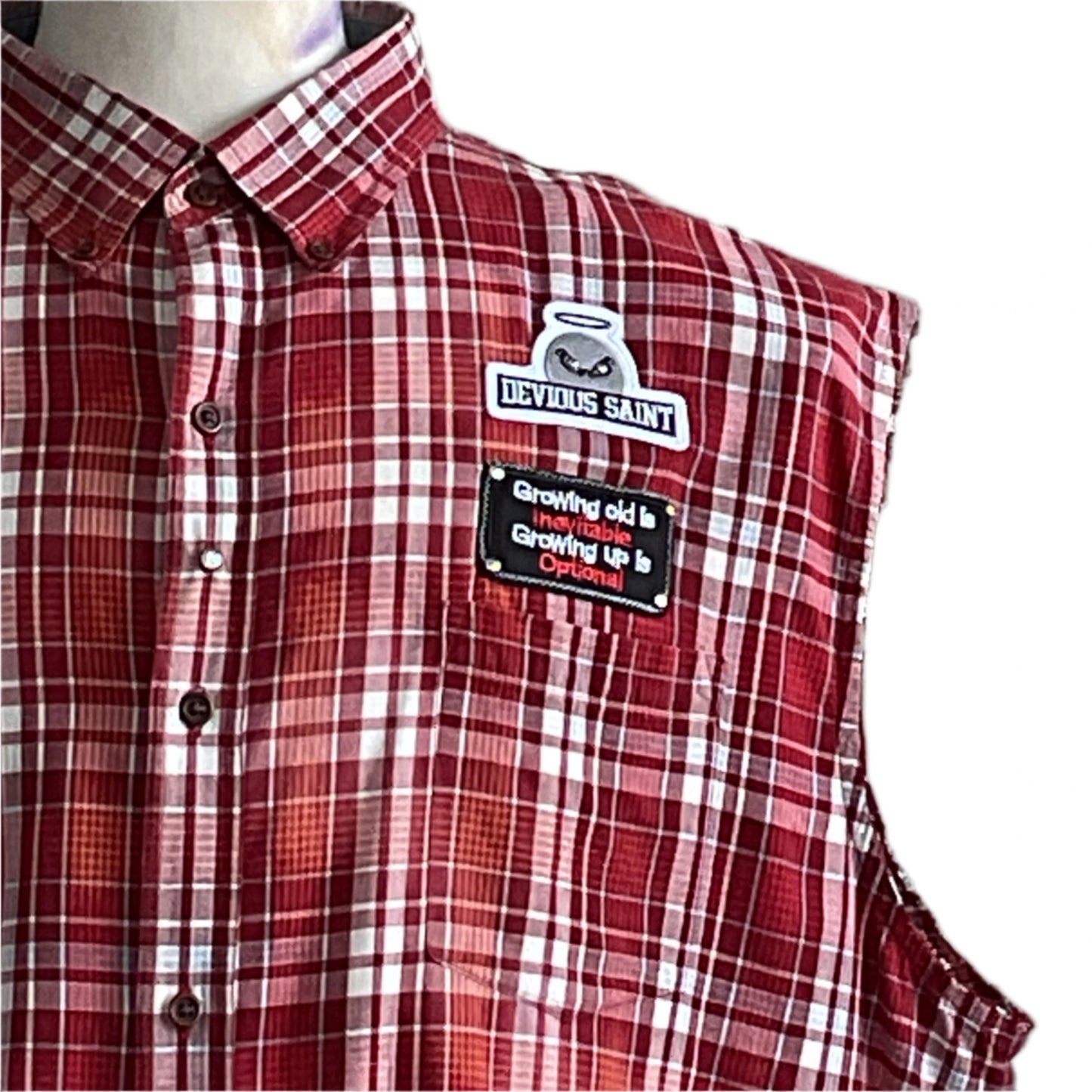 YOUR OPINION Men's Custom BEAR SIZE Sleeveless Shirt 2XL, red-and-white plaid with Devious Saint and slogan patches, on a mannequin.