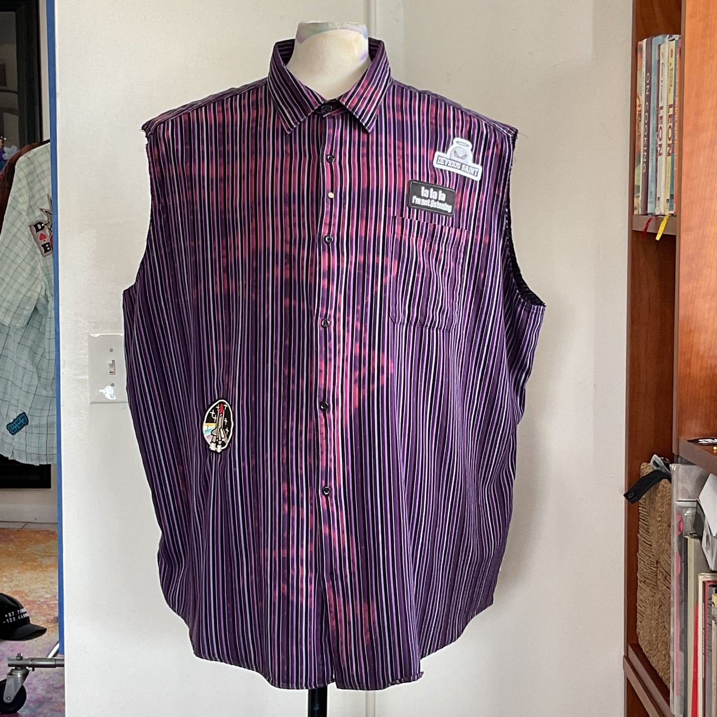 WITNESSING | Men's Custom BEAR SIZE Sleeveless Shirt | 3XL, featuring bold rainbow plaid with patches, draped on a dress form, showcasing unique and unapologetic style.
