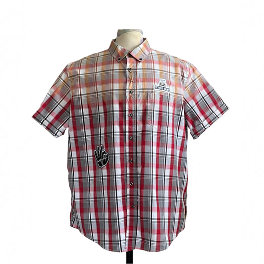 WEREWOLF TRANSFORMATION Men's 3XL Sleeveless Shirt on a mannequin, featuring plaid design, LEVIOUS SAINT patch, and OK sign patch. Bold, distinctive wearable art.