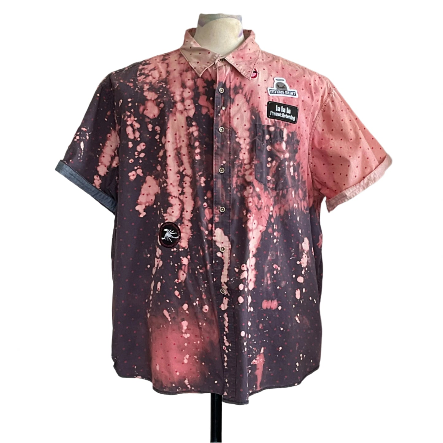 SCOOBY-DOO! Men's Custom BEAR SIZE Short Sleeve Shirt in 3XL, featuring acid-wash pink/charcoal, polka-dots, and playful patches, embodying bold, adventurous style.
