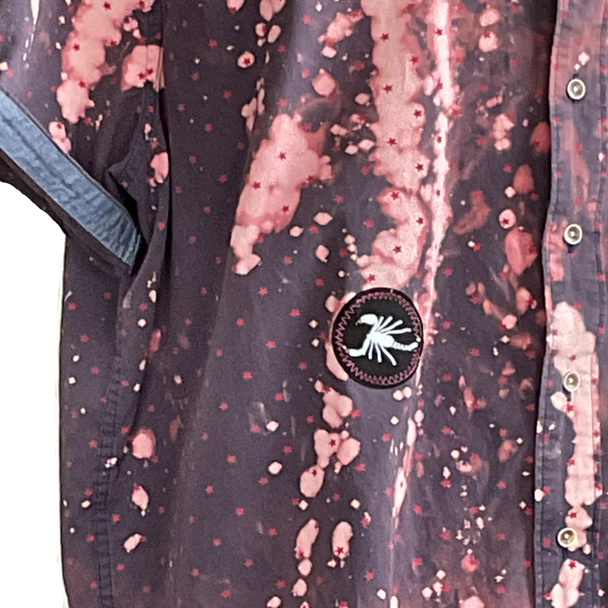SCOOBY-DOO! Men's Custom BEAR SIZE Shirt 3XL featuring pink splotches, red star base, embroidered scorpion patch, and a crossbody strap detail.