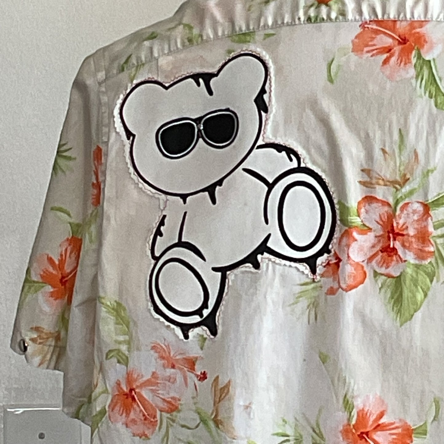 WHITE BEAR | Men's Custom BEAR SIZE Short Sleeve Shirt | 2 XL features a cartoon bear with sunglasses and hibiscus florals, embodying playful, bold style.