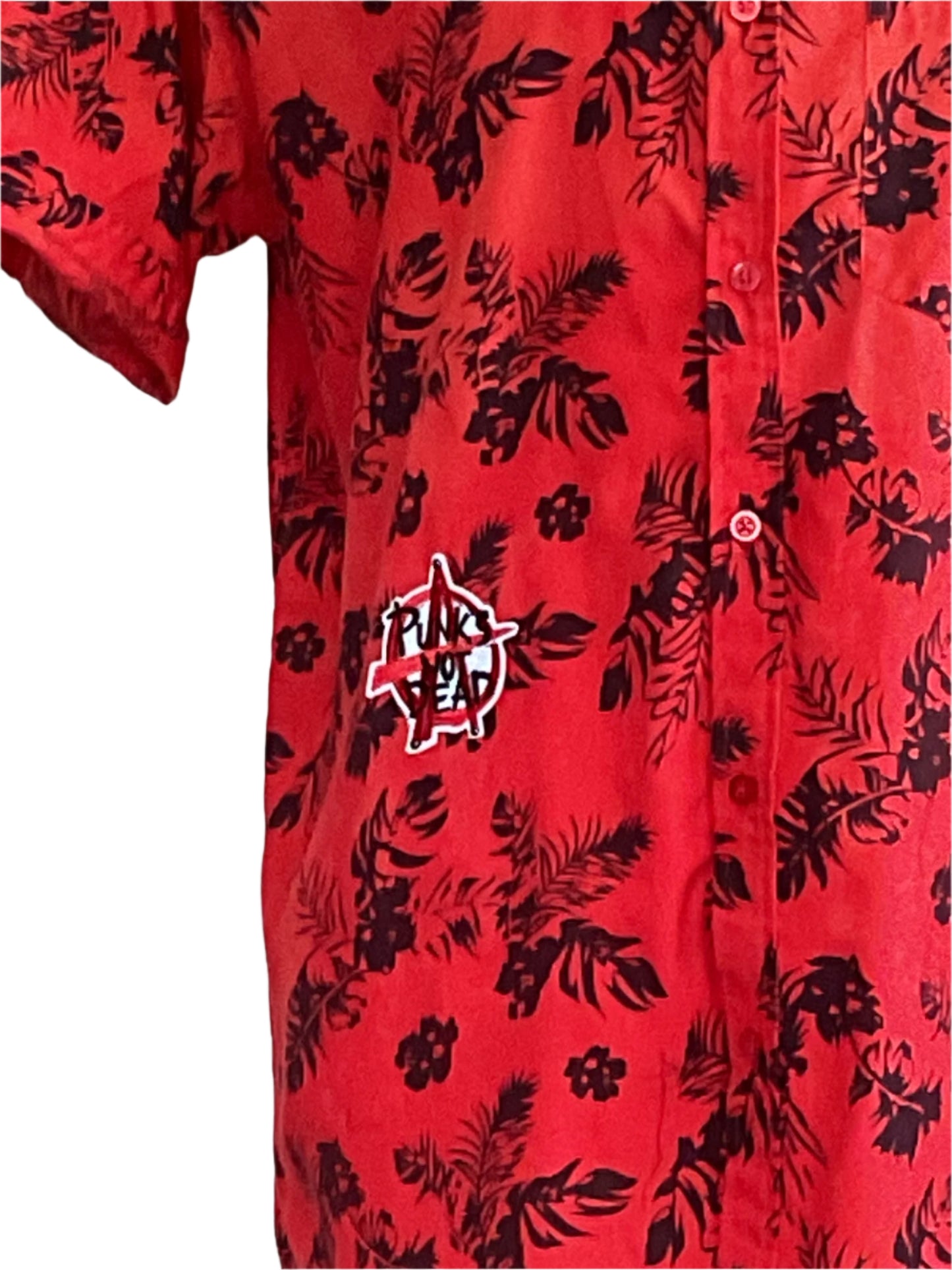 RED HAWAII | Men's Custom BEAR SIZE Short Sleeve Shirt | 2 XL featuring black tropical prints and a Punk Dead patch, embodying bold, unique style.