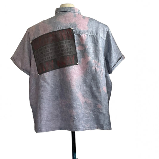 WARNING INSULTS men's custom BEAR SIZE short sleeve shirt in 4 XL, featuring pink-bleach splotches and a black patch on the back, on display.