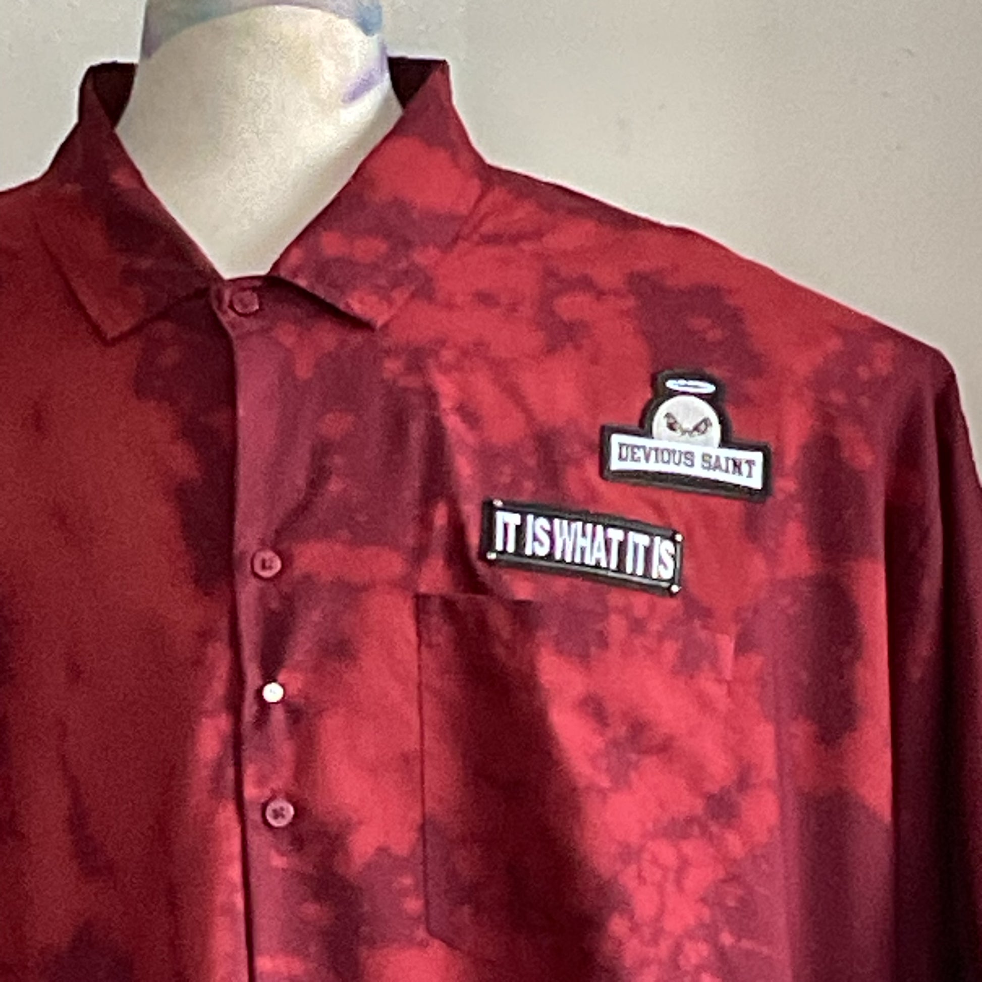 RAINBOW PANDA | Men's Custom BEAR SIZE Short Sleeve Shirt | 4 XL, featuring a deep-red design with DEVIOUS SAINT and IT IS WHAT IT IS patches on chest.