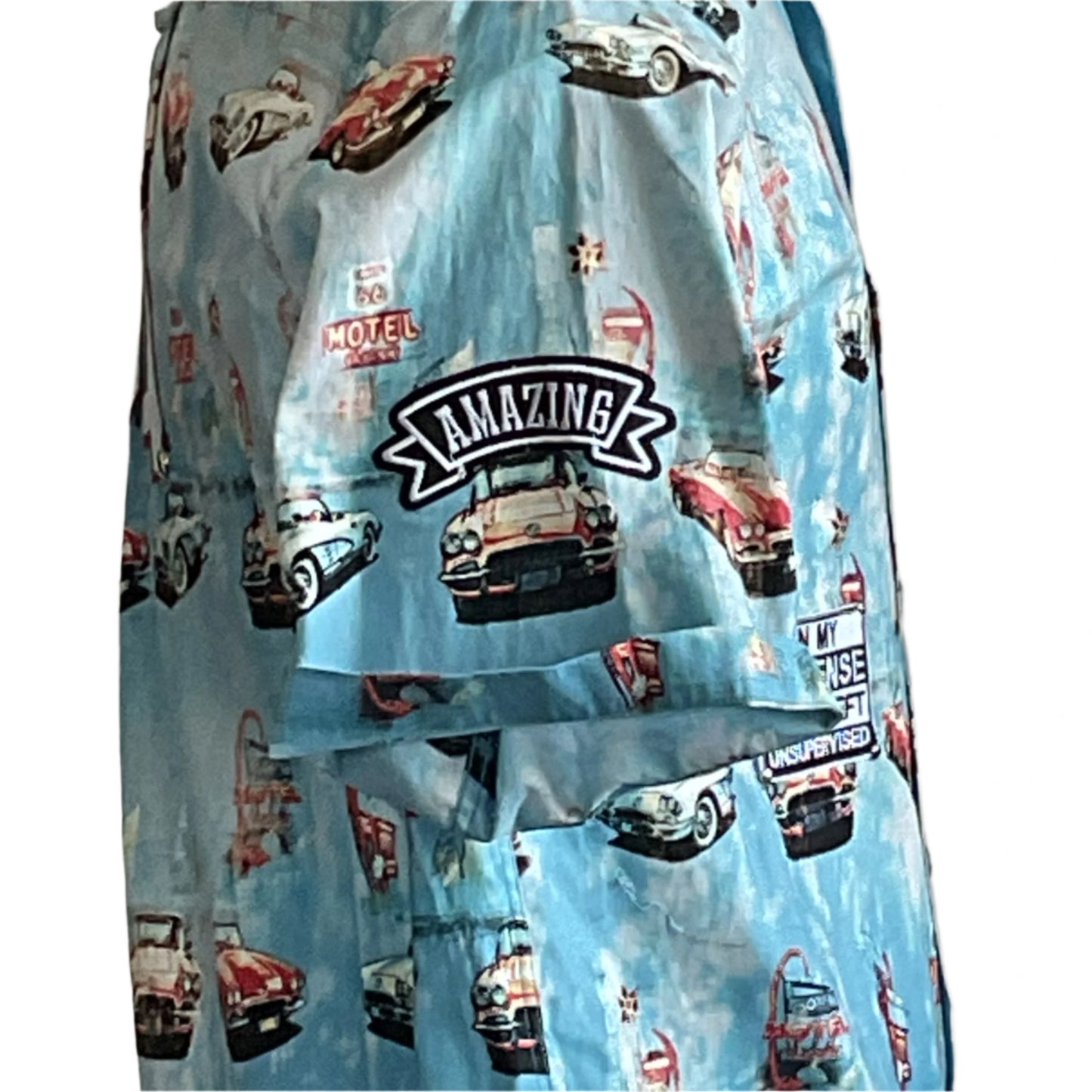 FUR PAPA Men's Custom BEAR SIZE Short Sleeve Shirt, XL, featuring retro cars and motel signs on a light-blue background, with AMAZING patch.