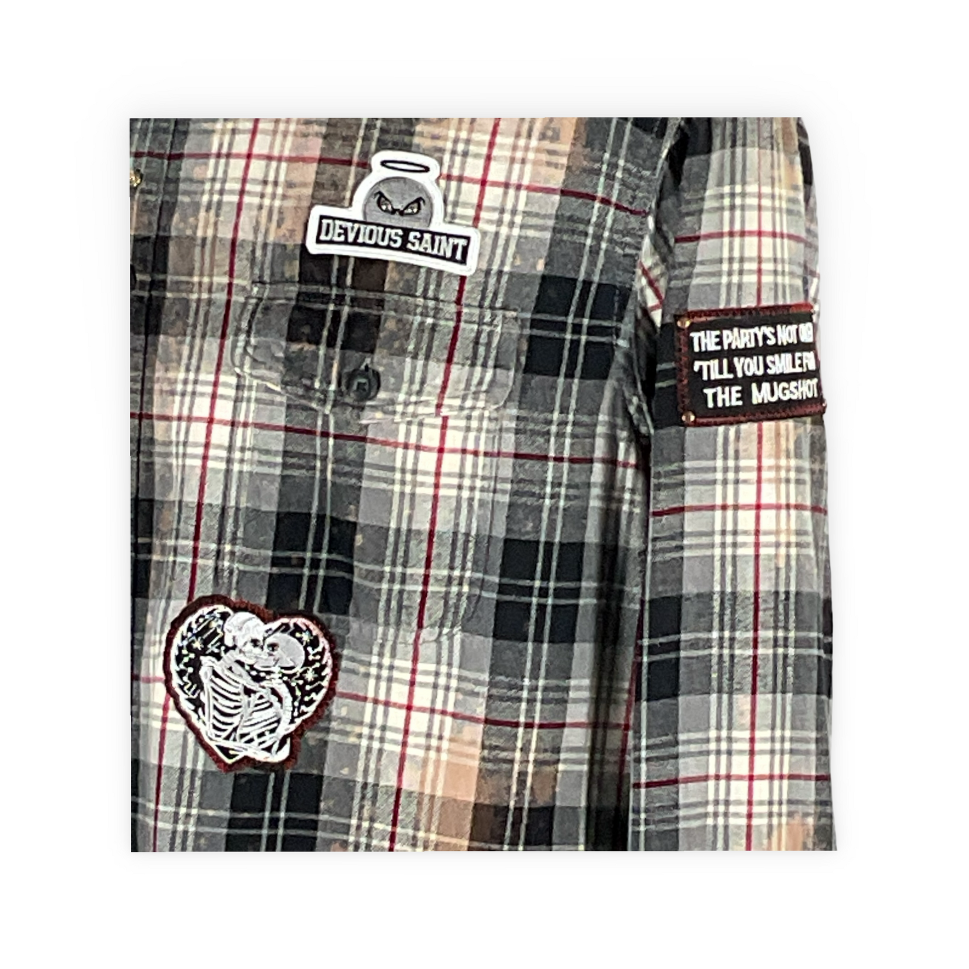 Cyber Bear shirt with unique bleached and hand-patched details, studded for a vintage look, showcasing sustainable fashion from reclaimed cotton.