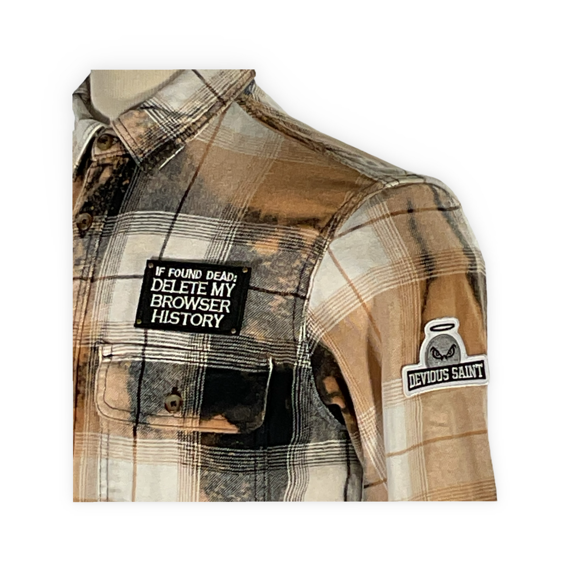 Cyber Bear (Copy) long sleeve flannel close-up showcasing hand-patched details, metal studding, and a unique bleached treatment, embodying sustainable, vintage-inspired fashion.
