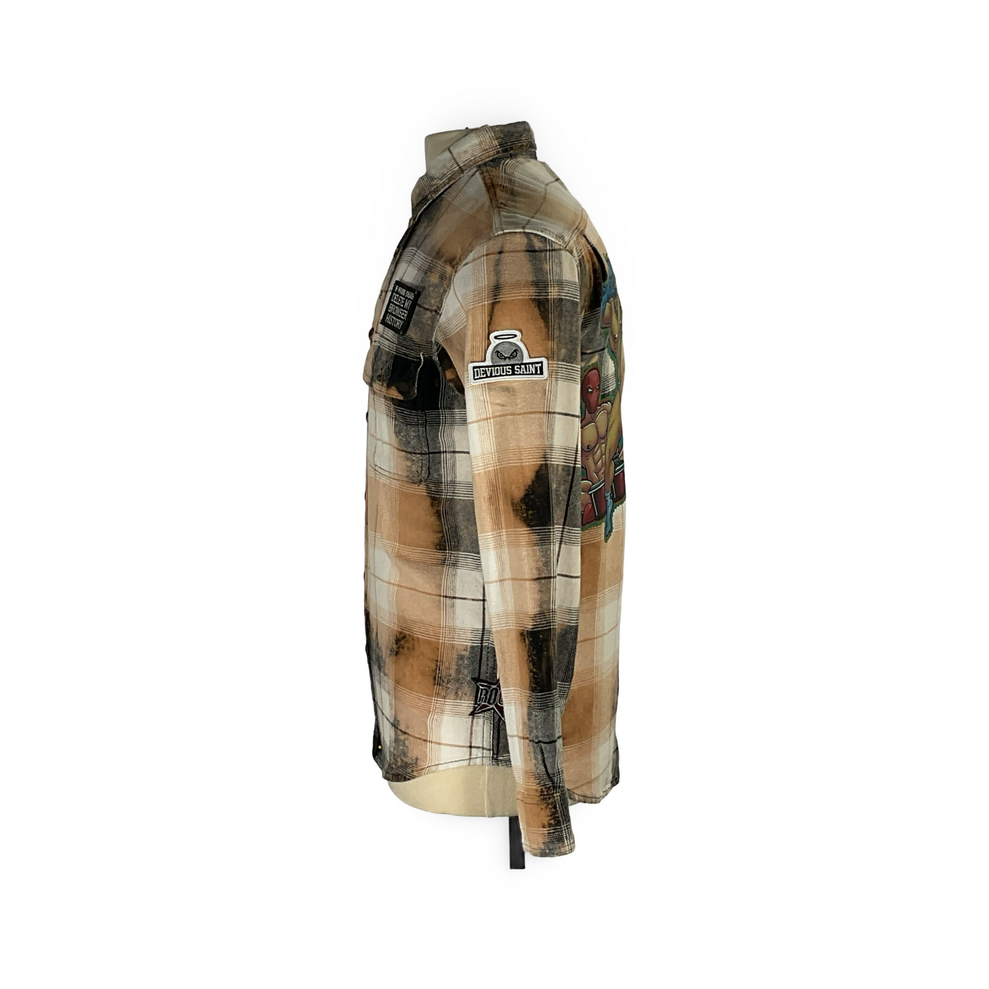 Cyber Bear long sleeve flannel on mannequin, featuring bleached treatment, hand-patched details, and metal studding, embodying sustainable, vintage-inspired fashion from reclaimed cotton.