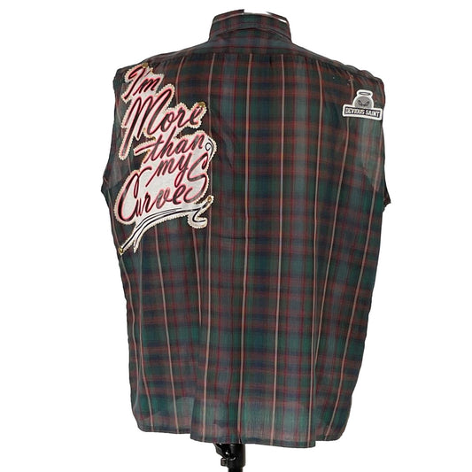 MORE THAN MY CURVES Men's Custom Sleeveless Shirt featuring a plaid pattern with a distinctive patch, highlighting a bold and unique design.