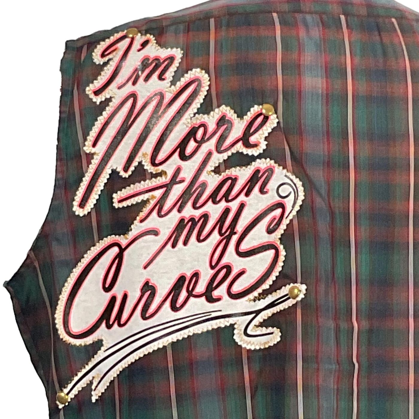 Back view of the MORE THAN MY CURVES Men's Custom Sleeveless Shirt featuring a distinctive patch, showcasing bold, unique wearable art from DEVIOUS SAINT.