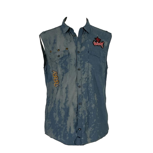 TRUST NOBODY Men's Custom Sleeveless Shirt featuring bold patches, including a red star and snake design, crafted from pre-owned, 100% cotton.