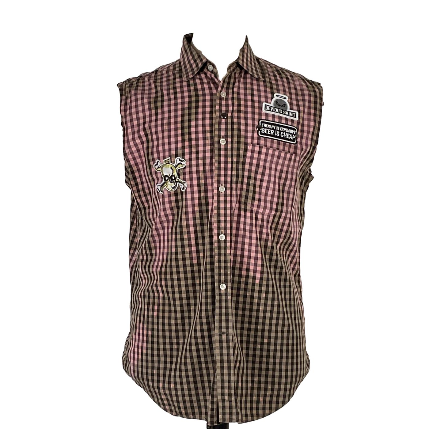 THINGS JUST GOT WEIRD Men's Custom Sleeveless Shirt featuring a skull and crossbones patch, exemplifying DEVIOUS SAINT's bold, unique wearable art style.