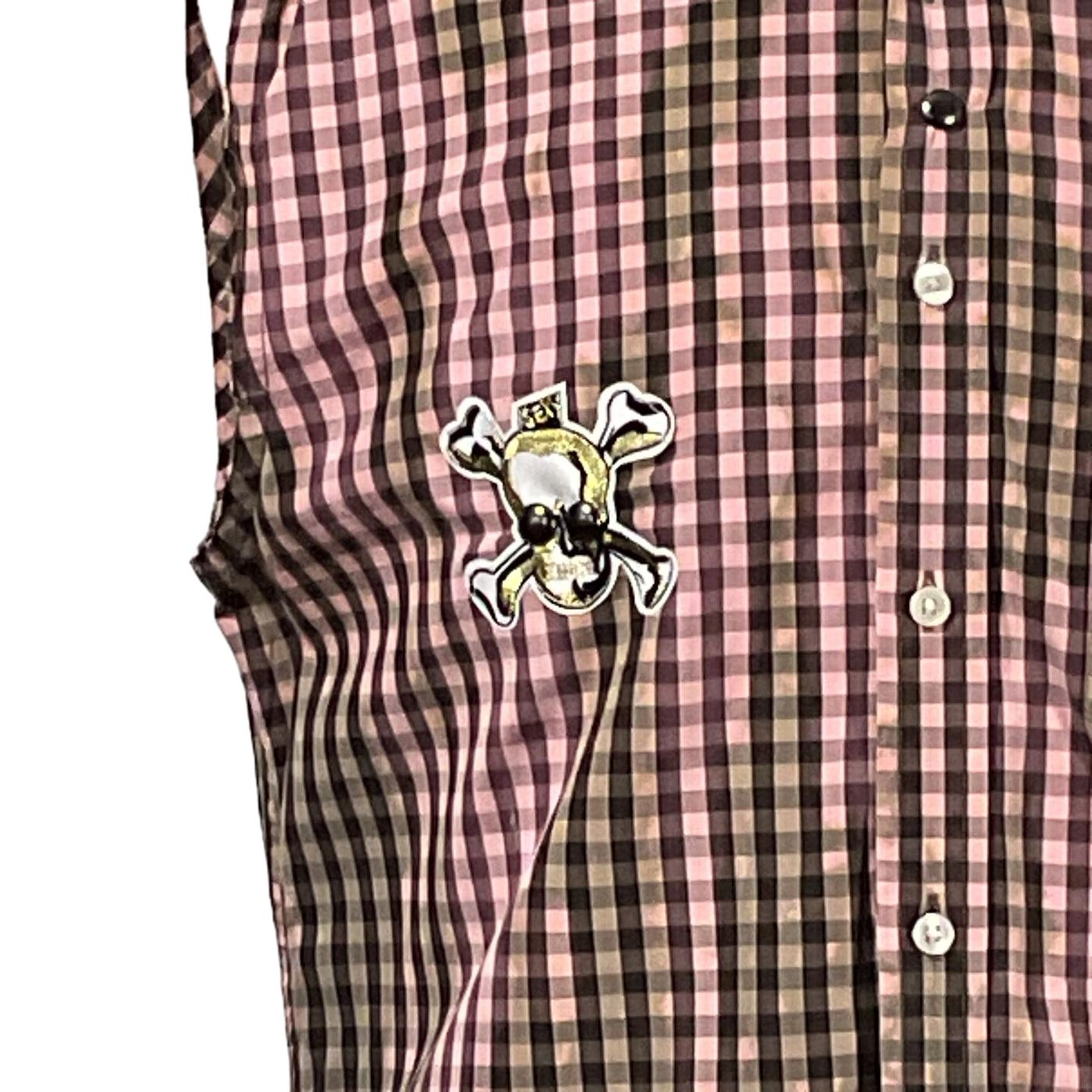 THINGS JUST GOT WEIRD Men's Custom Sleeveless Shirt featuring a close-up of plaid fabric with a skull sticker detail, embodying bold, distinctive style.