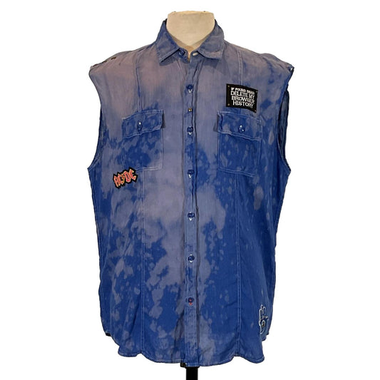 WEIRD CHARACTER Men's Custom Sleeveless Shirt featuring distinctive patches and buttons, crafted from linen, showcasing a unique and bold design.