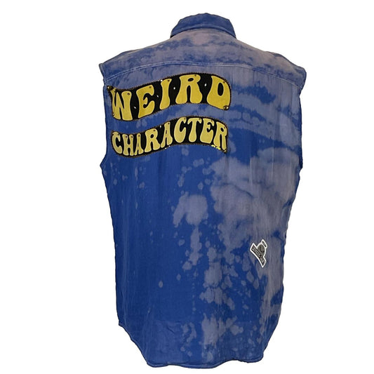 WEIRD CHARACTER Men's Custom Sleeveless Shirt featuring bold yellow text on electric blue linen, uniquely crafted to embody distinctive wearable art. Medium size.