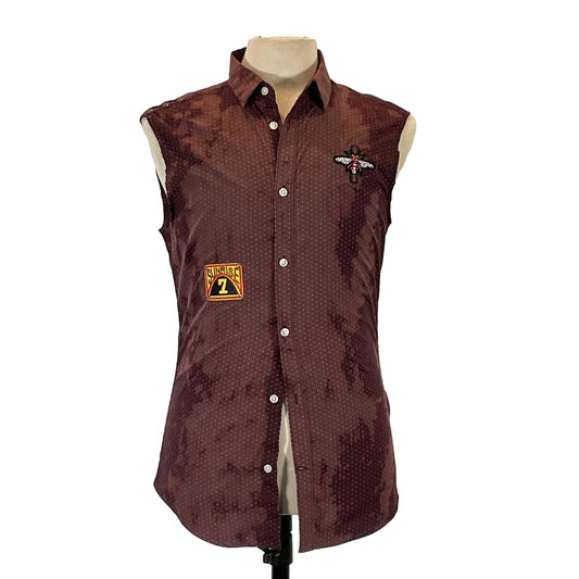 GET IN THERE Men's Custom Sleeveless Shirt featuring brown with dot pattern, cross patch on front, emphasizing unique, bold design aligned with DEVIOUS SAINT's artistic ethos.