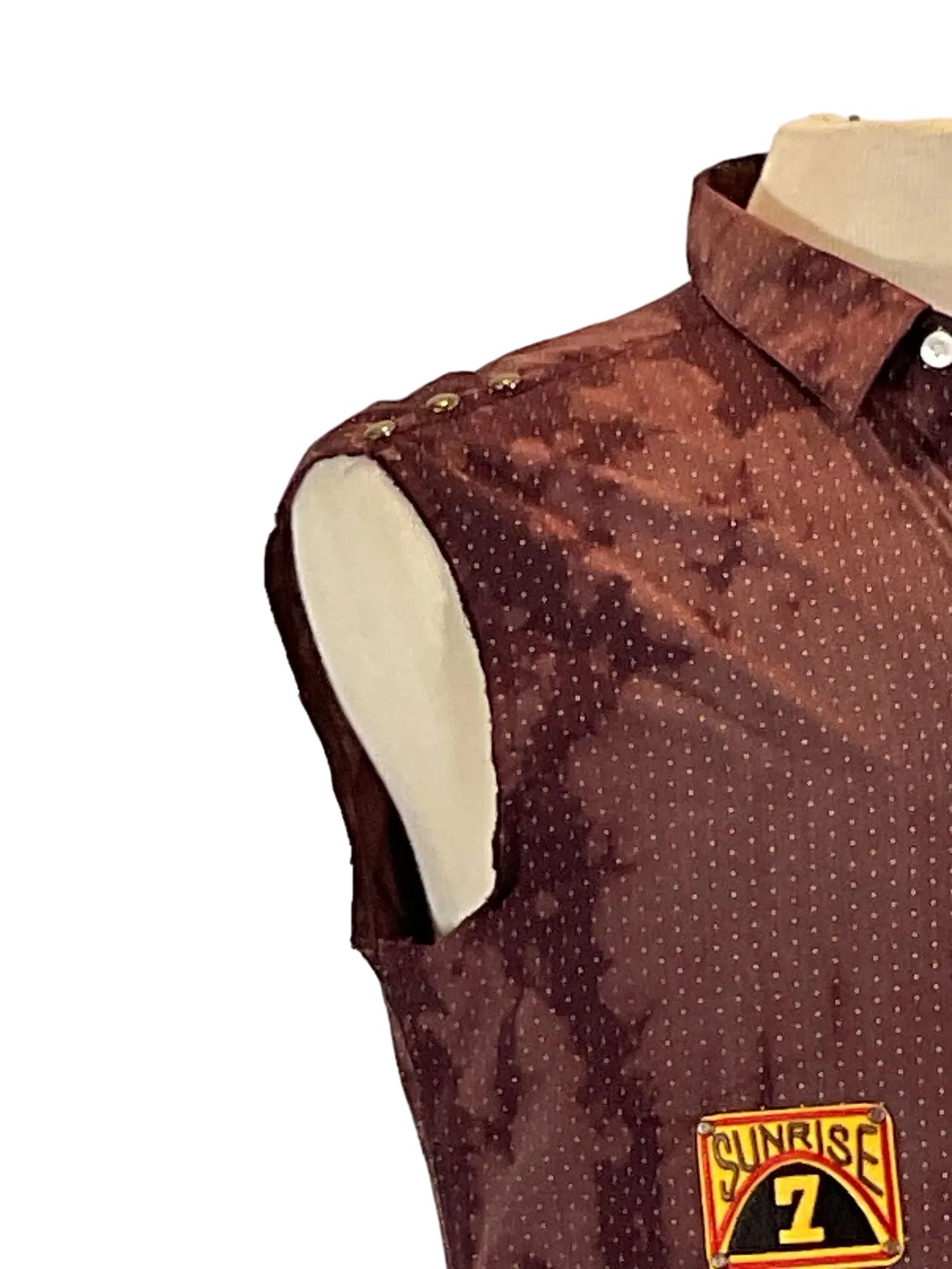 GET IN THERE Men's Custom Sleeveless Shirt, featuring a close-up of the brown fabric with dots, showcasing the unique and bold design.